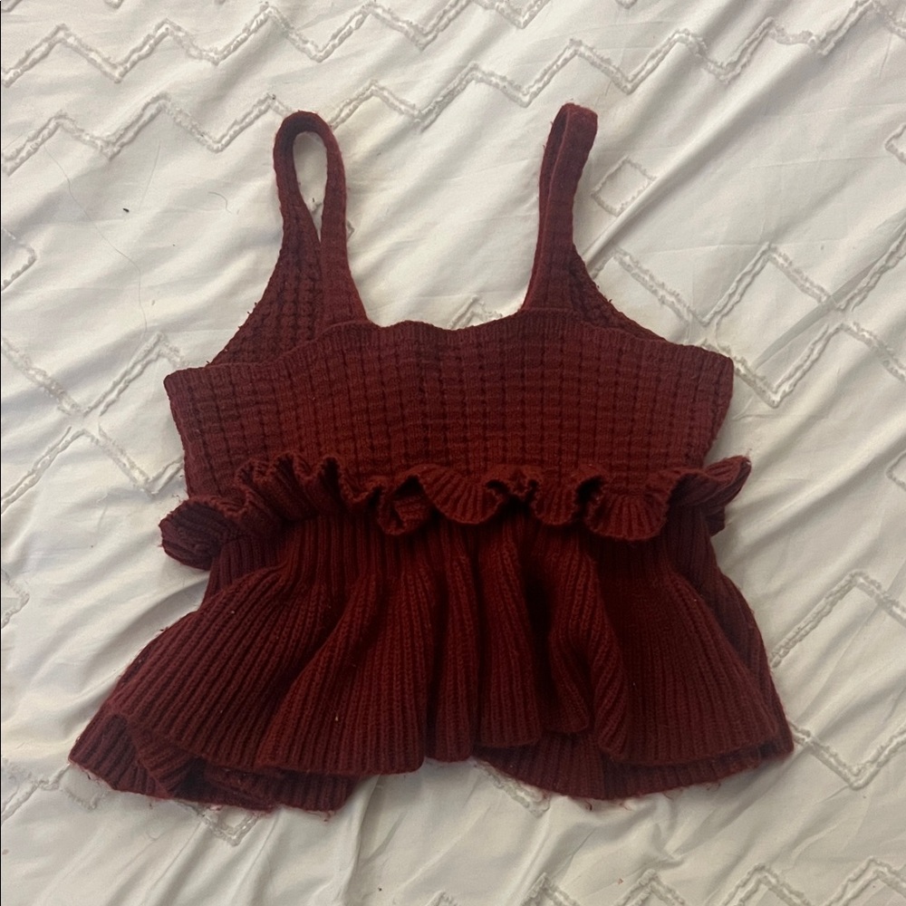 Ruffled Knit Tank Top in Burgundy - Picture 2 of 2